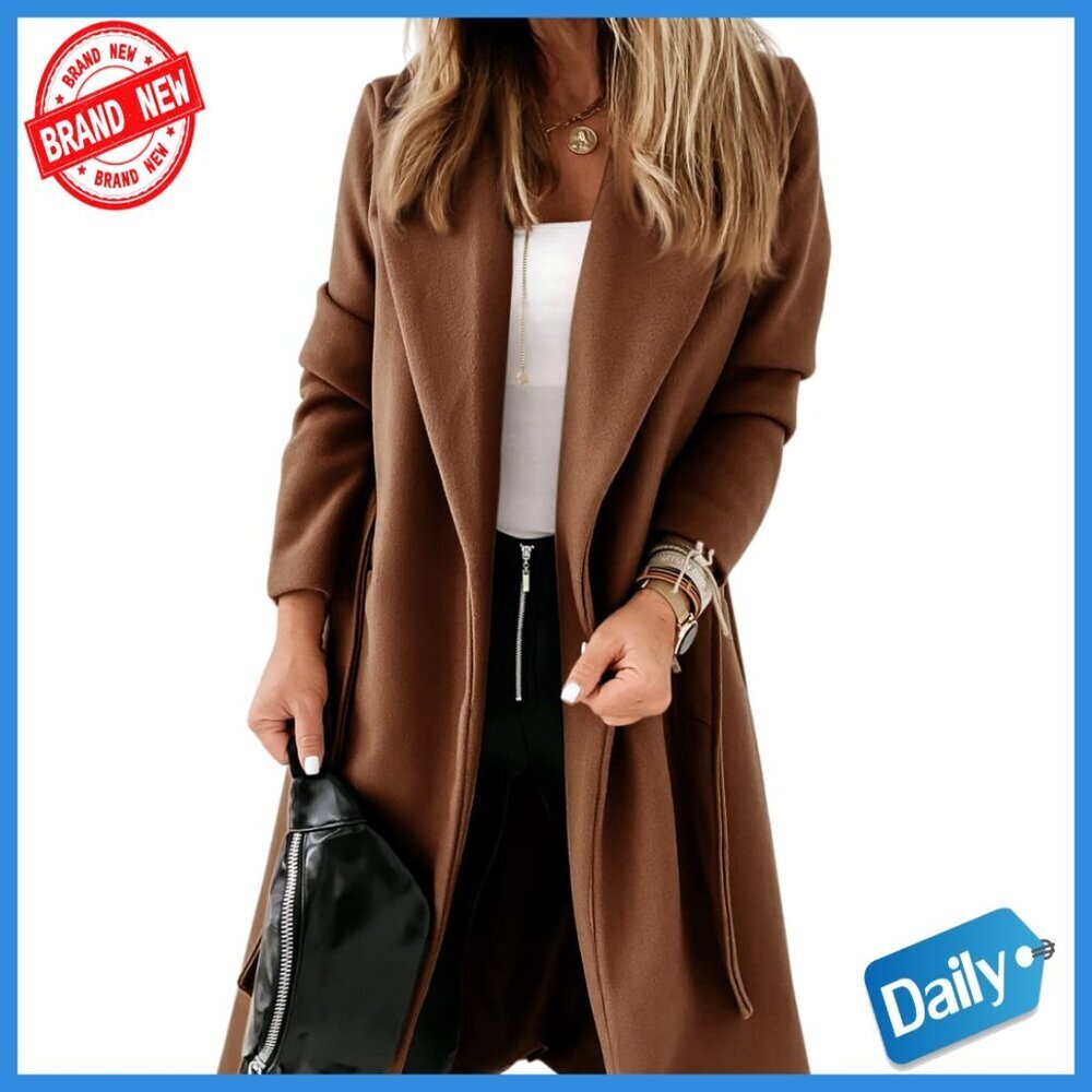 Long Wool Pea Coat with Belt Lapel Collar Open Front Winter Jacket